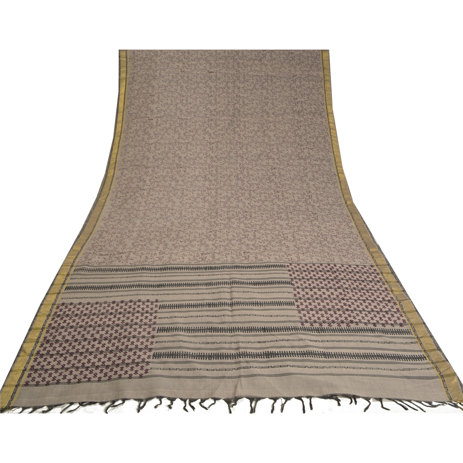 Sanskriti Vintage Grey Indian Sarees Blend Silk Hand-Block Printed Sari Fabric