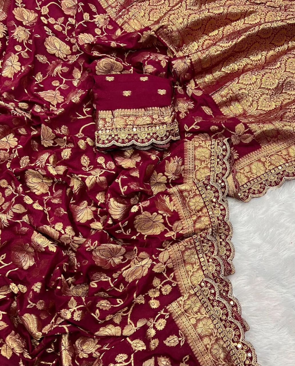 complete khadi georgette light wait saree heavy work in border with blouse same.