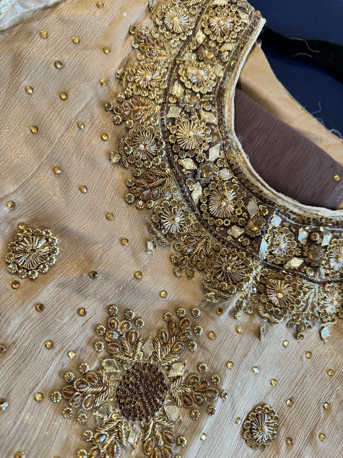Golden Color Medium Size Heavy, Fancy Suit On Chiffon With Stone Work