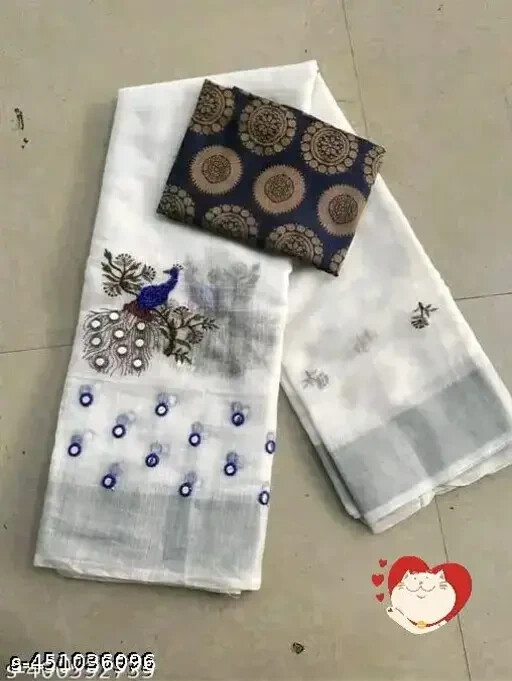 Cottan linen Embroidery work Saree