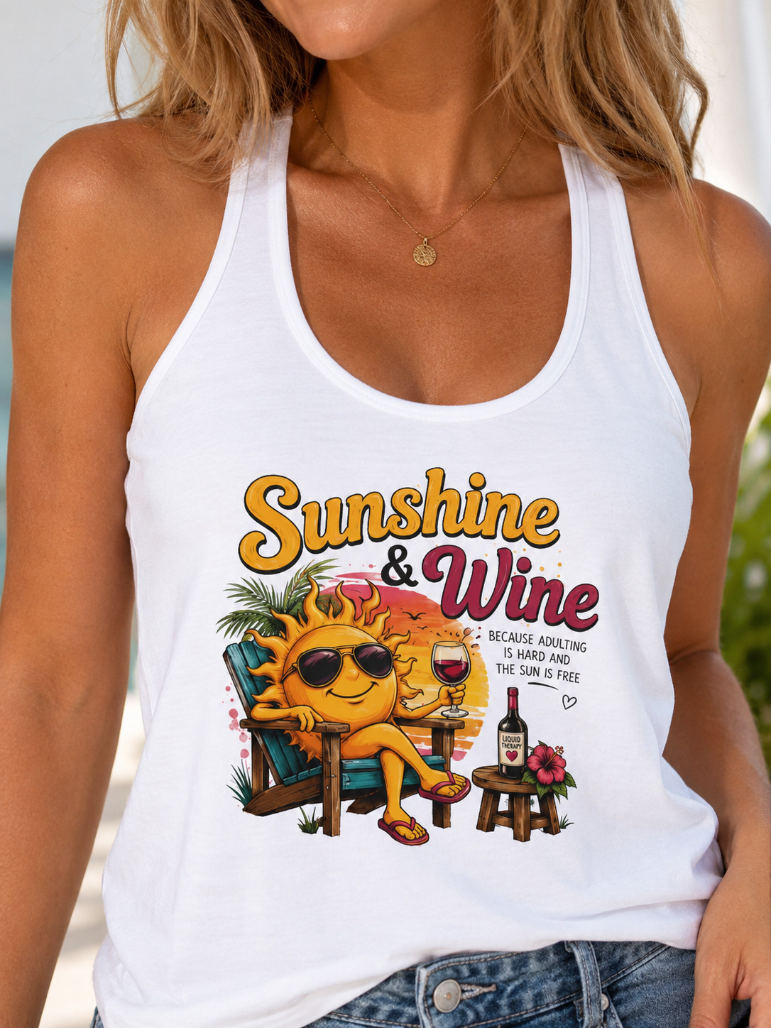 Sunshine & Wine Racerback Tank Top Women’s Tropical Beach Sun Summer Fun Graphic