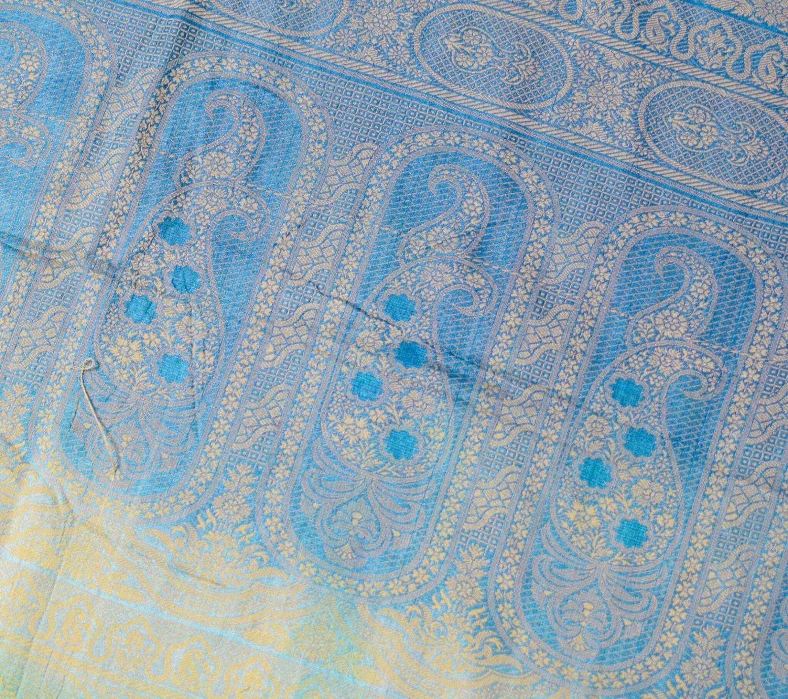 Sushila Vintage Teal Blue Saree All Over Woven Pure Tussar Silk Used Sari Fabric