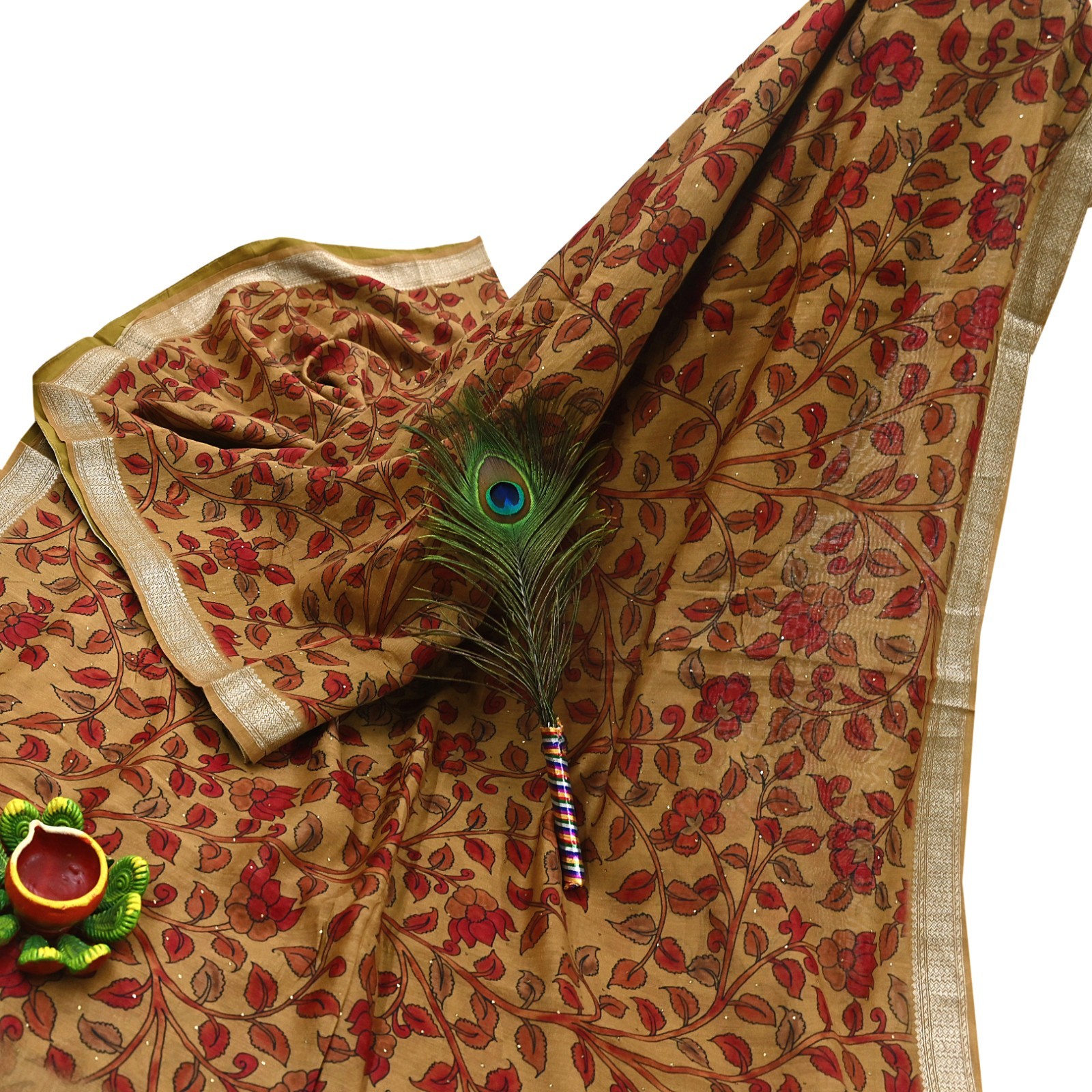 Indian Vintage Sari Pure chanderi Silk Kalamkari Print Saree Craft Fabric 5Yd