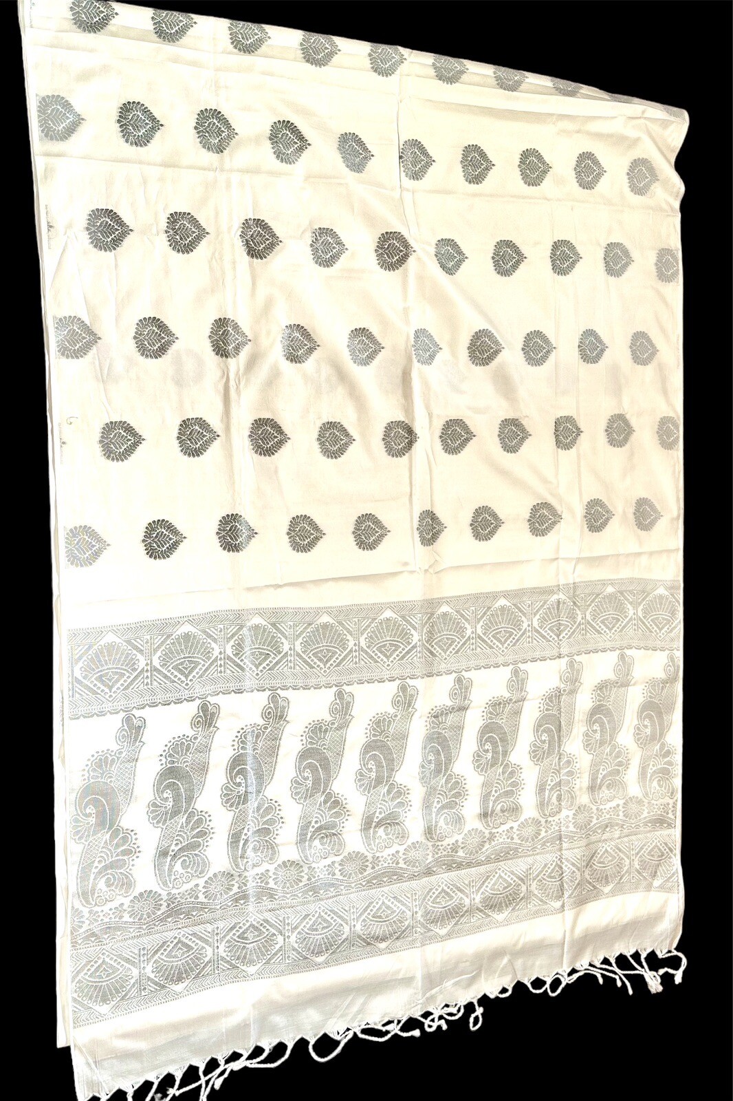 Kanjeevaram Silk Cotton Saree Sari South India Off-White Gray Handloom NEW gyuh
