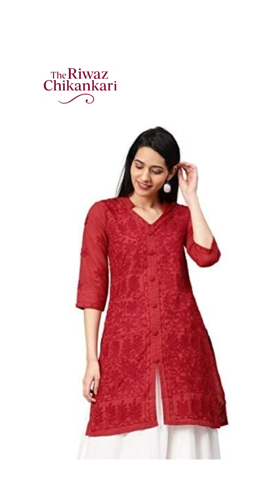 Red Chikankari Kurti for Women | Handmade Lucknowi Cotton Kurta