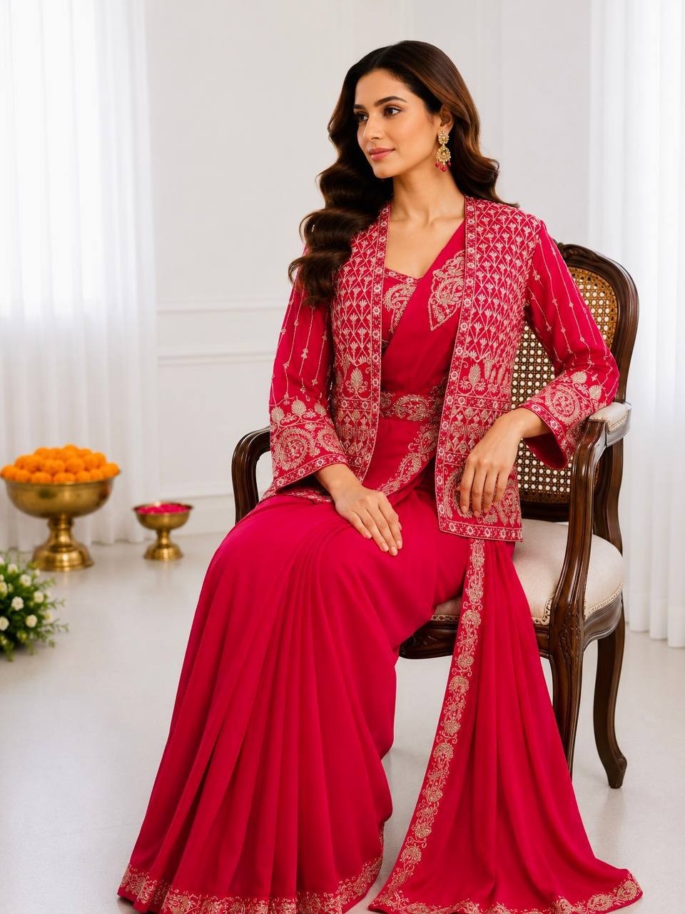 Women’s Sangeet Party Wear Ready Made Saree with Embroidered Jacket
