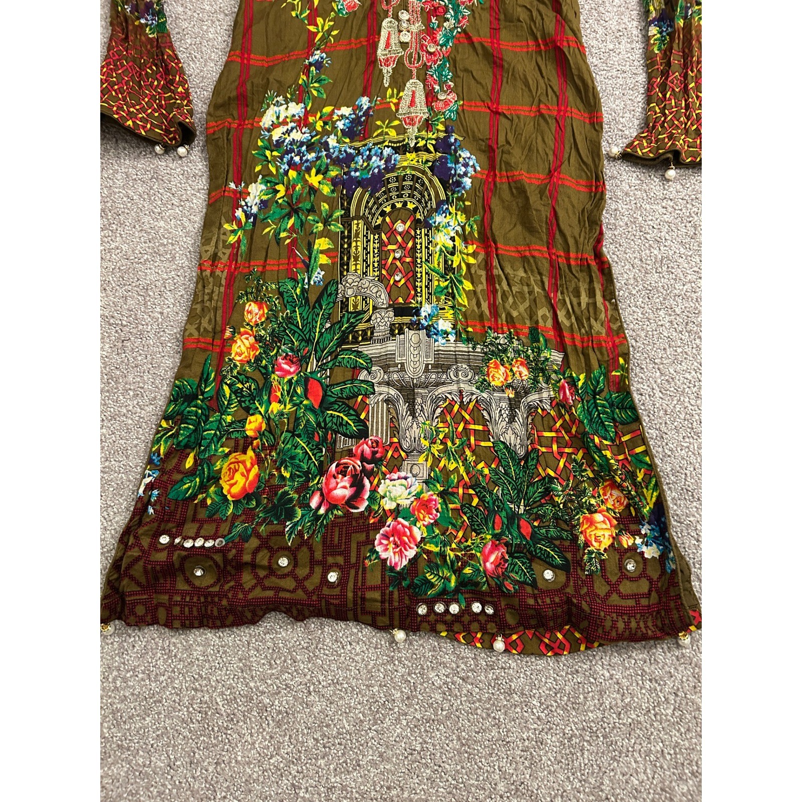 South Asian Salwar Kameez Tunic Womens Medium Olive Green Excellent Floral Kurti