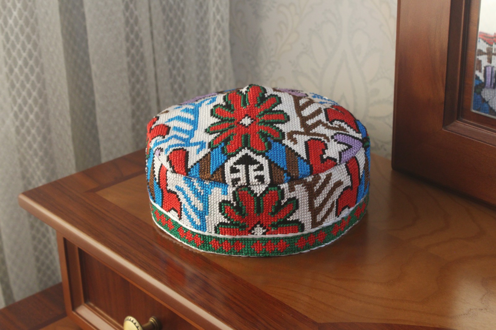 Uzbek Embroidered Skull-cap 23.2″/59cm Traditional Kufi Hat Ethnic Doppa Unisex