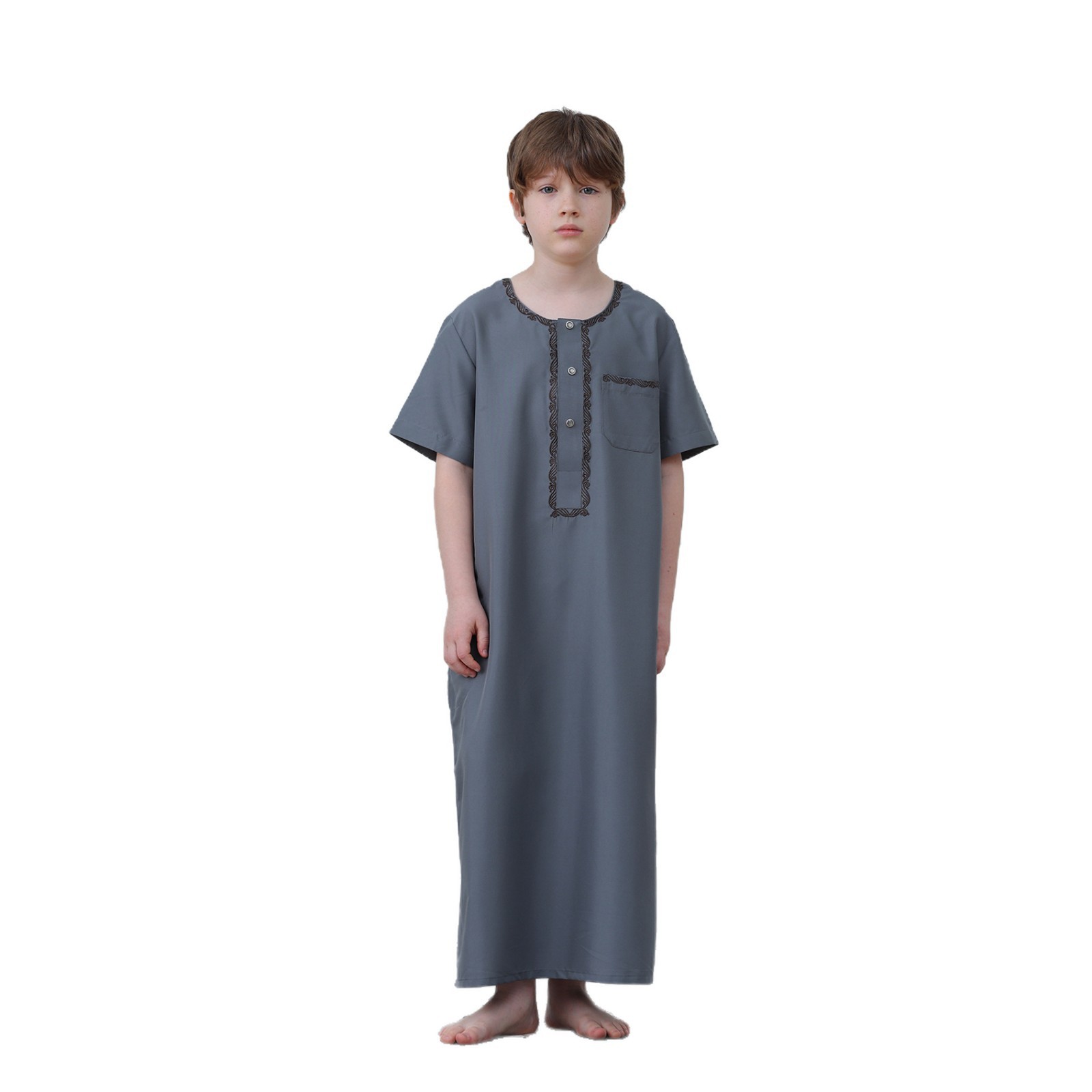 Saudi Arab Boys Thobe Jubba Long Sleeve Abaya Coat Simple Button Daily Wear Eid