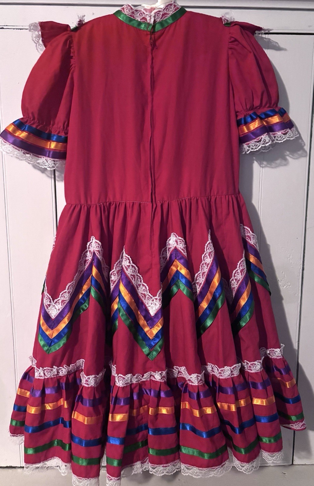 Vintage Handmade Mexican Jalisco Traditional Girls Red Ribbon Dress