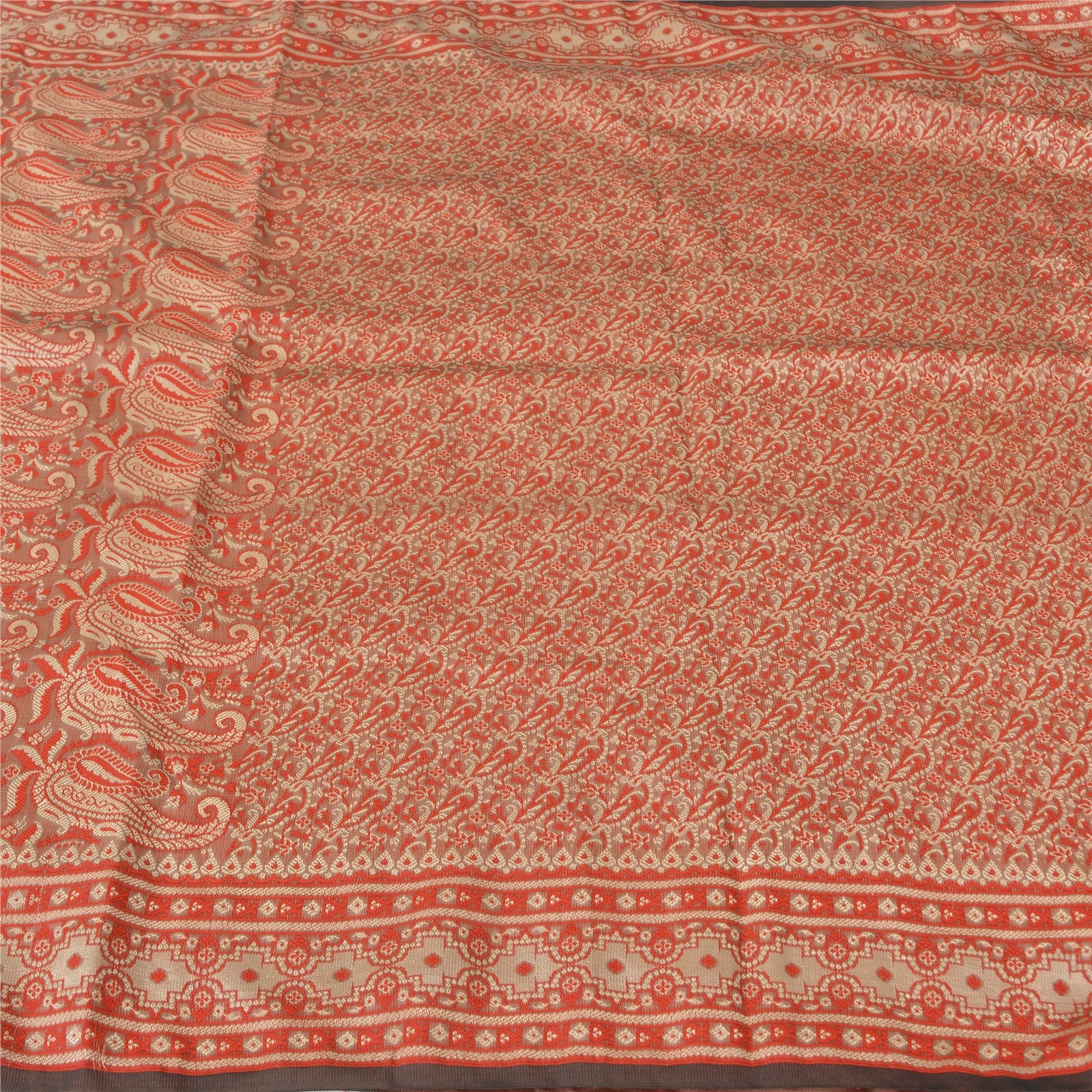 Sanskriti Vintage Red Sarees Blend Silk Brocade Banarasi Woven Fabric Craft Sari