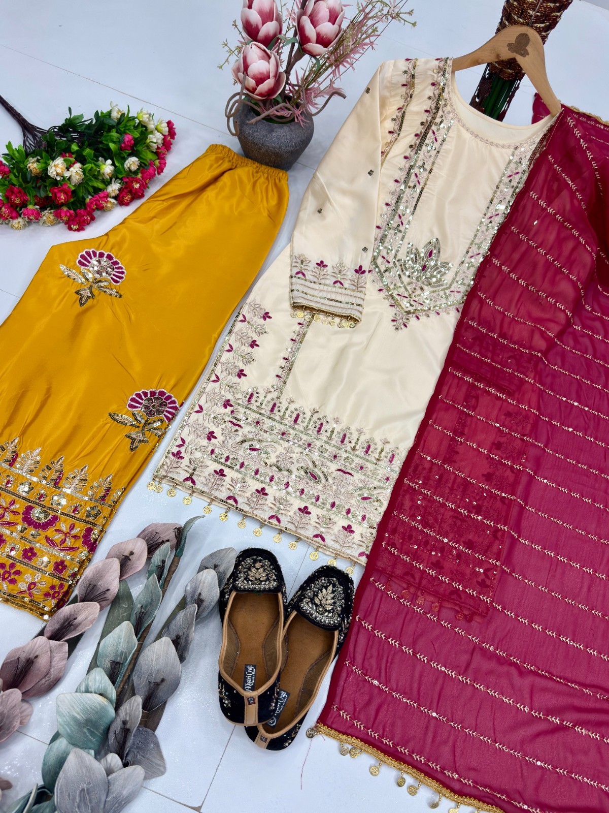 Heavy Natural Silk Launching Designer Kurta Palazzo With For Party Wear Dupatta