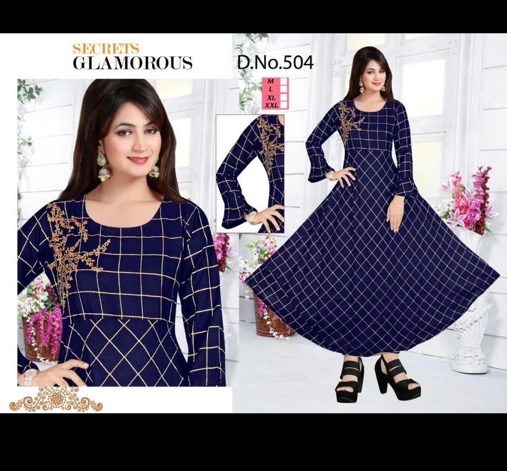 Women Fancy Pure Cotton Full Sleeve Round Neck Party Wear Blue Anarkali Kurti