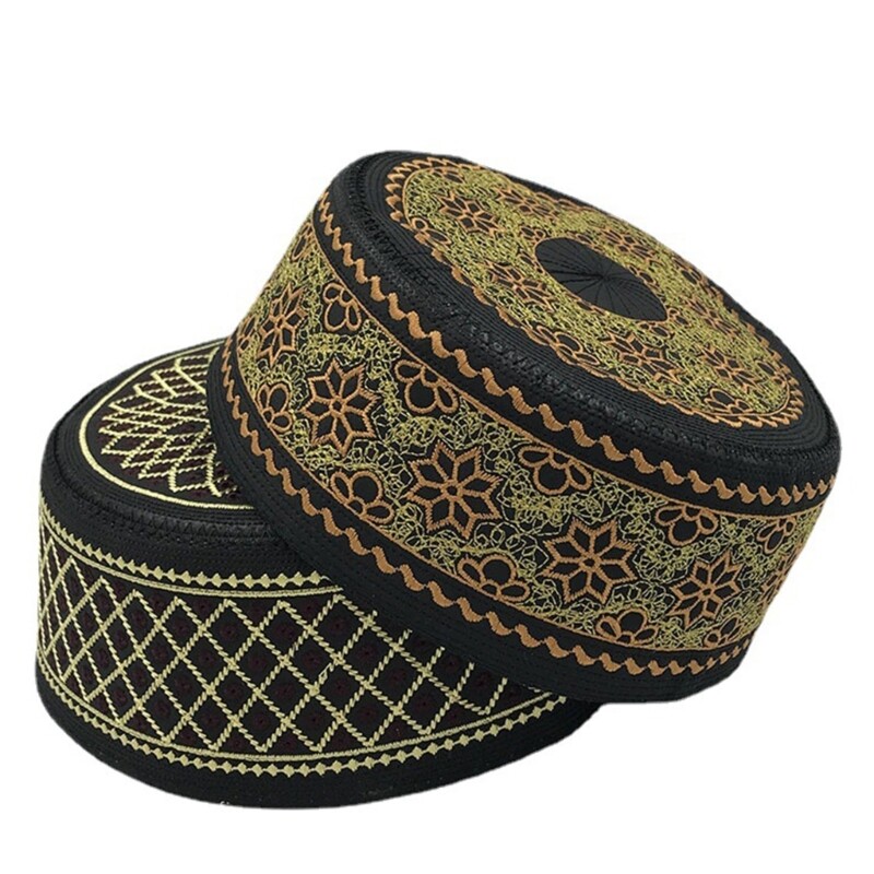 Embroidery Embossed Turban Hat for Men Breathable Islamic Kufi Round Skull Hats