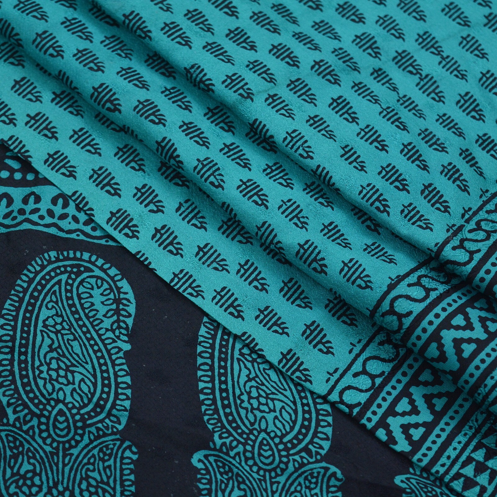 Indian Vintage Green & Black Sarees Hand Block Printed Sari Pure Silk Fabric 5yd