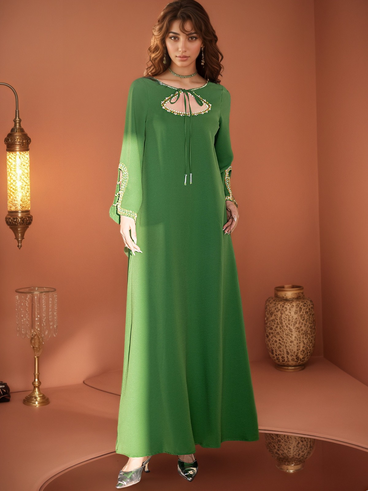 New Women Beaded Dress Elegant Arab Loose Abaya Muslim Kaftan Dubai Party Gown