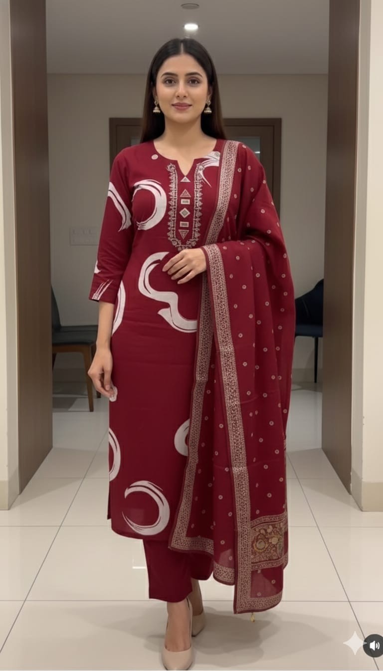 Women’s Heavy Cotton Kurta Pant Dupatta Set Bollywood Designer Salwar Suit Dress