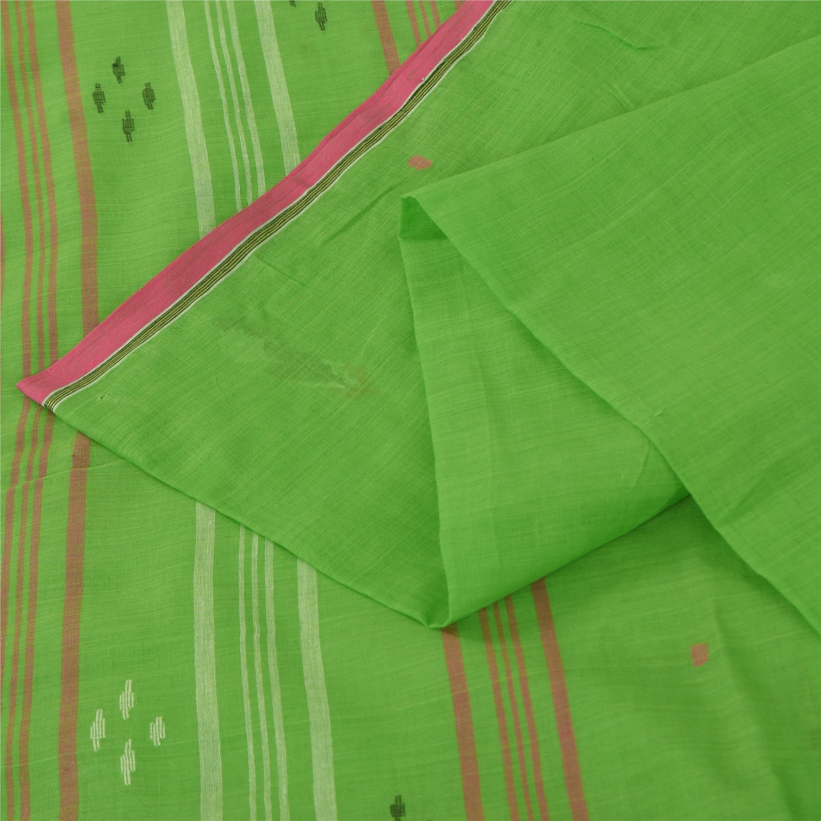 Sanskriti Vintage Sarees Green Tant Hand-Woven Pure Cotton Sari 5Yd Craft Fabric
