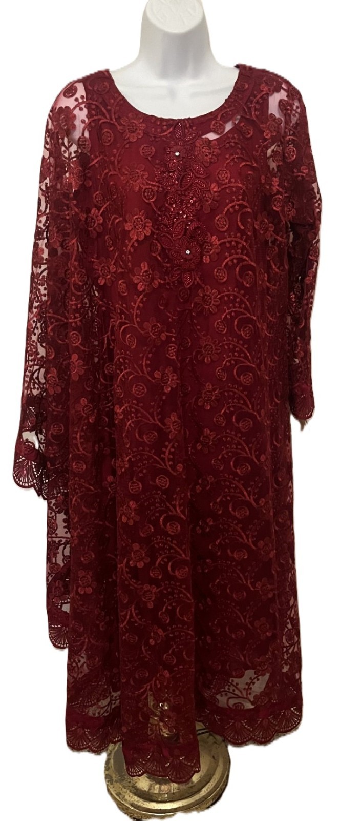 Ladies New Maroon sheer Poncho Caftan Cape style lace net tunic shirt & pants S
