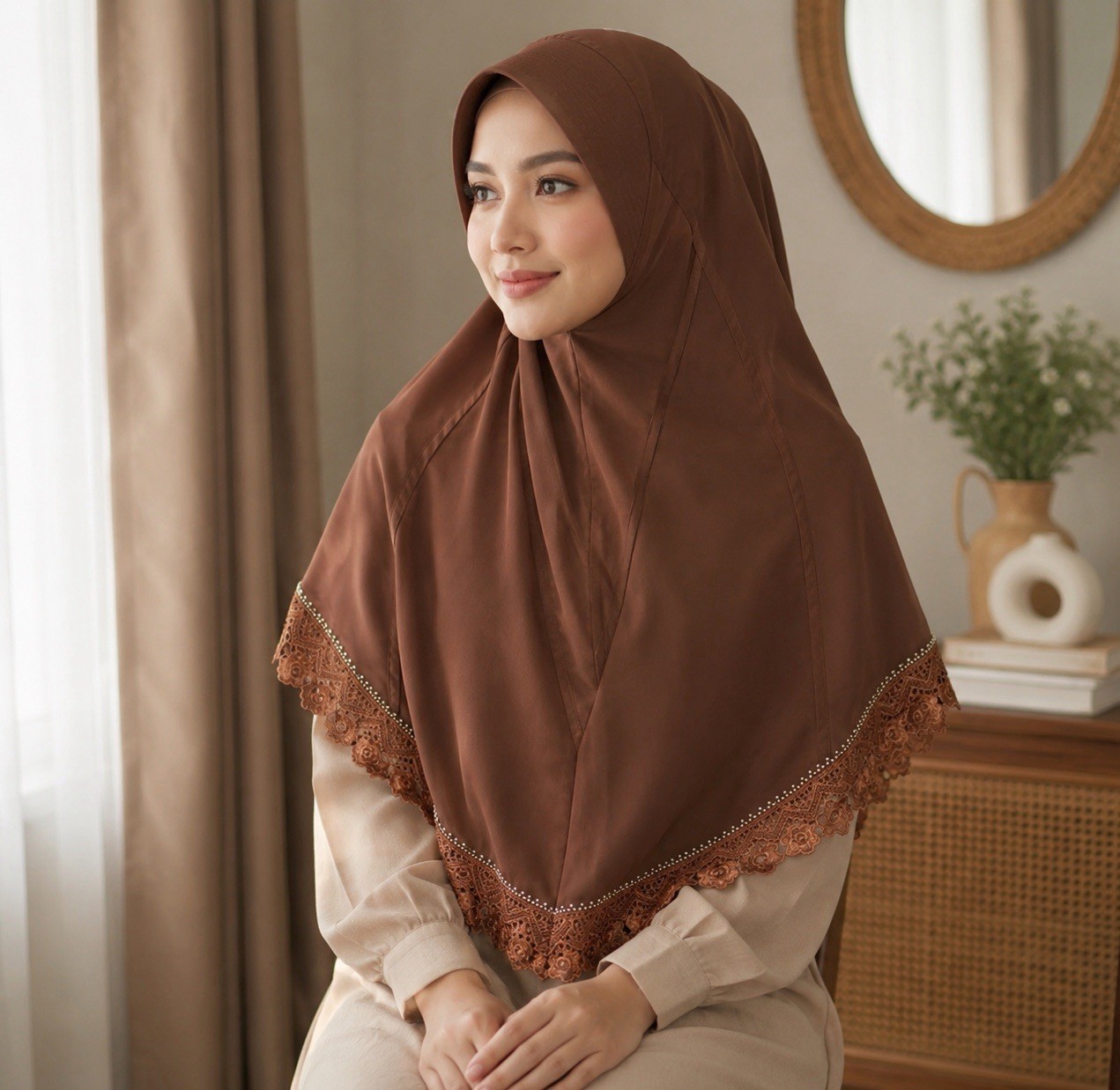 Women Brown Double Layer Khimar Hijab Lace Trim Chiffon Polyester One Size