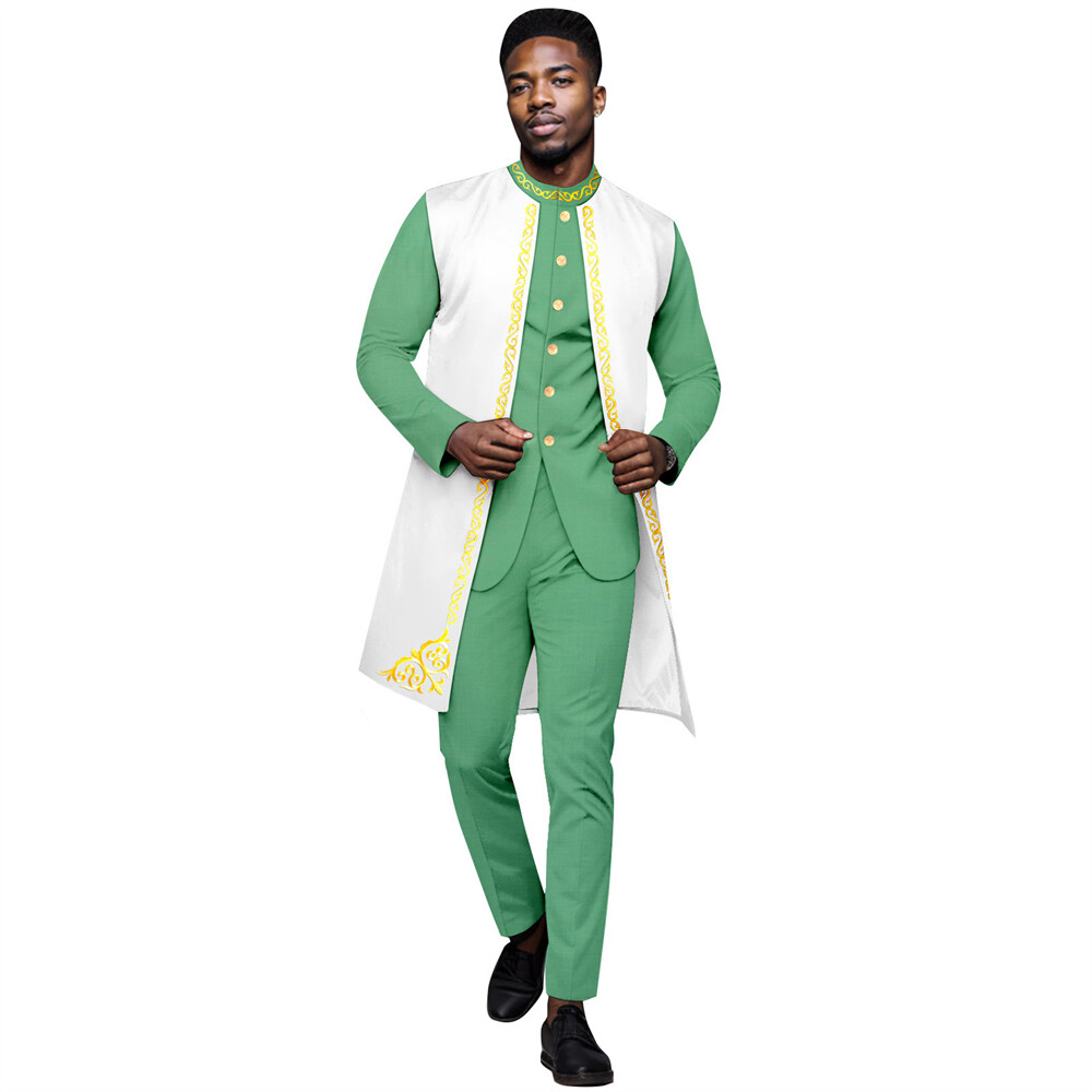 Men’s African 3 Piece Set Traditional Shirt and Pants Set Suit Middle East Suit