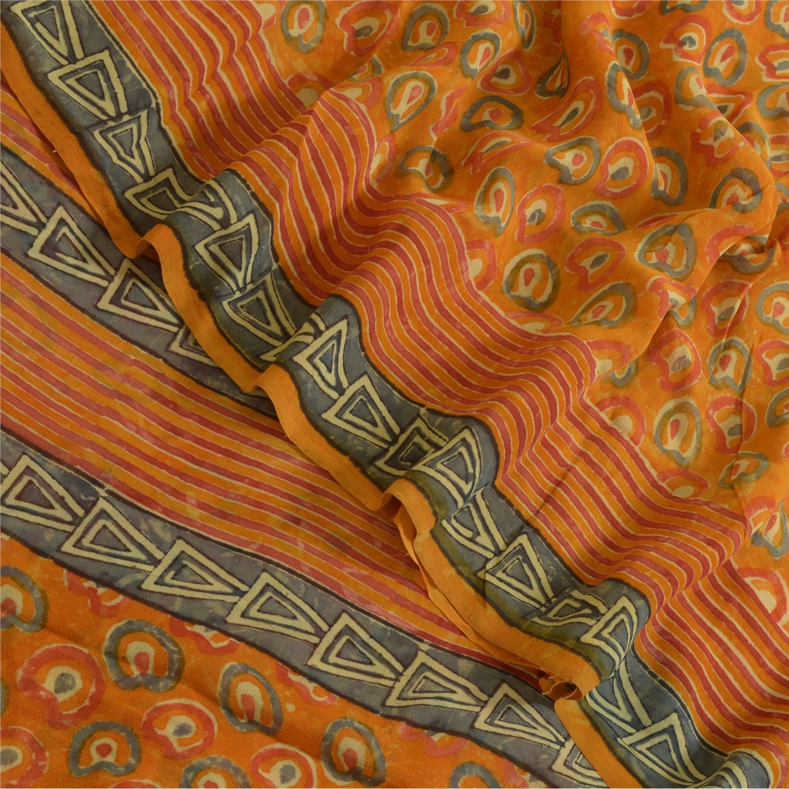 Sanskriti Vintage Sarees Orange Pure Georgette Silk Print Sari 5+Yd Craft Fabric