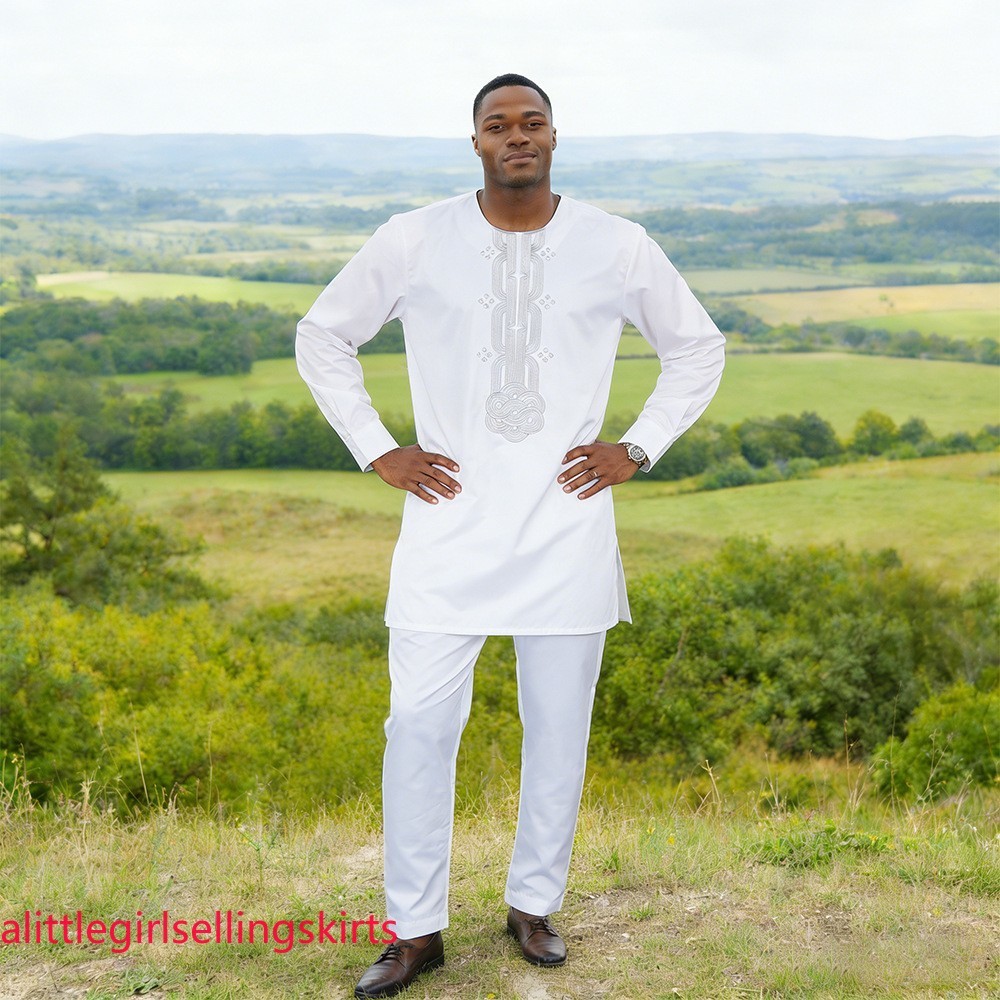 African Set for Men Dashiki Blouse Pant 2 Piece Set Dubai Embroidery Thobe Jubba