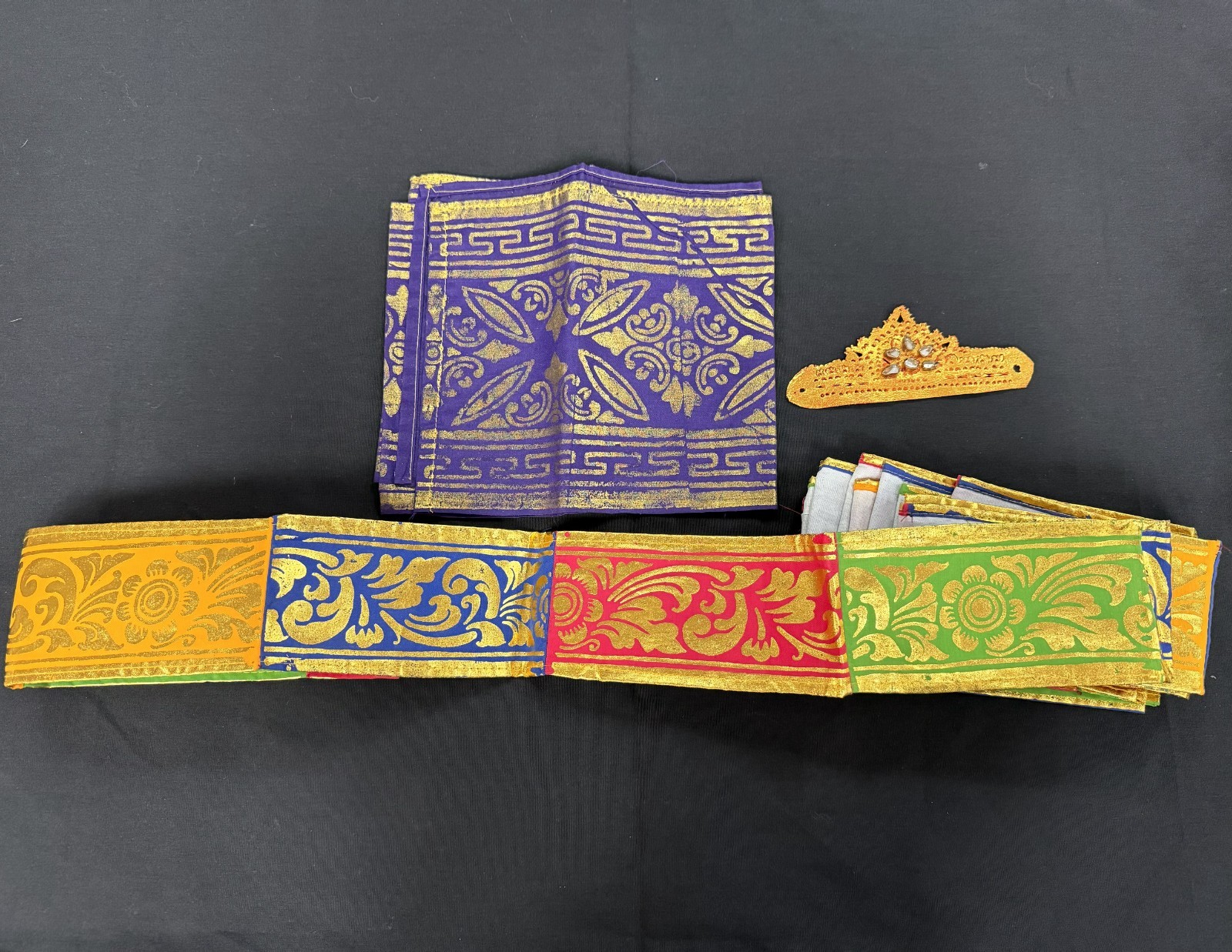 Colorful Southeast Asian Long Sash Bracelet And Fan Set Vintage