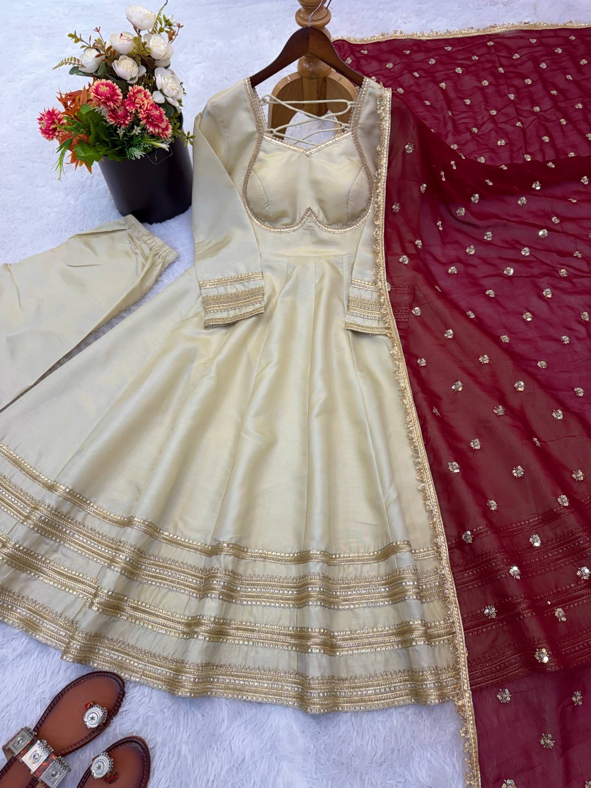 Traditional Cosmos Gold Cream Gown Bottom With Dupatta For Women & Girls