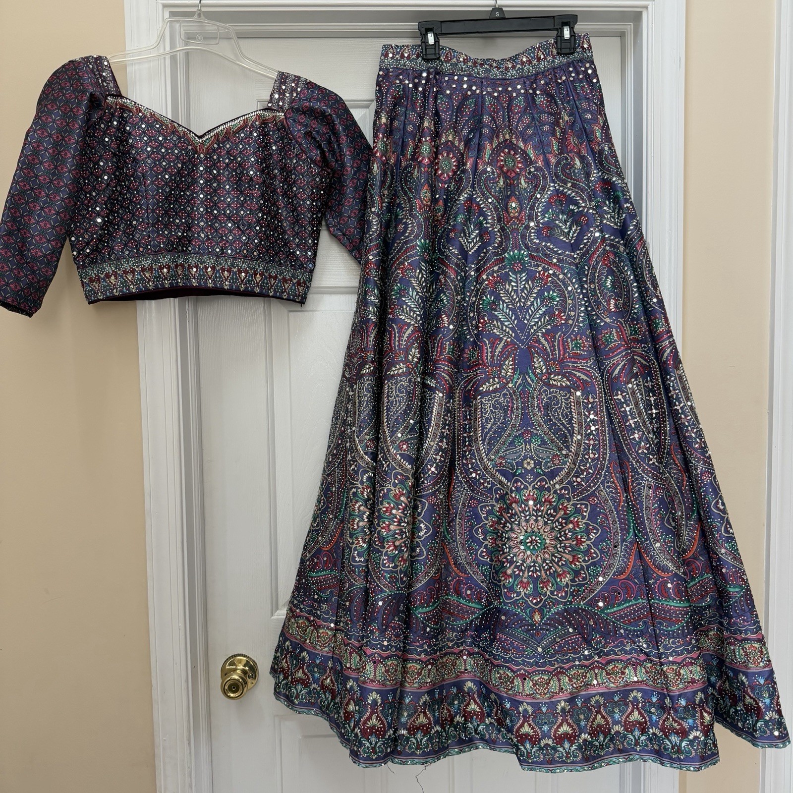 Women’s Lehenga Choli Set Full Heavily Beaded Skirt Crop Top Indian Wedding