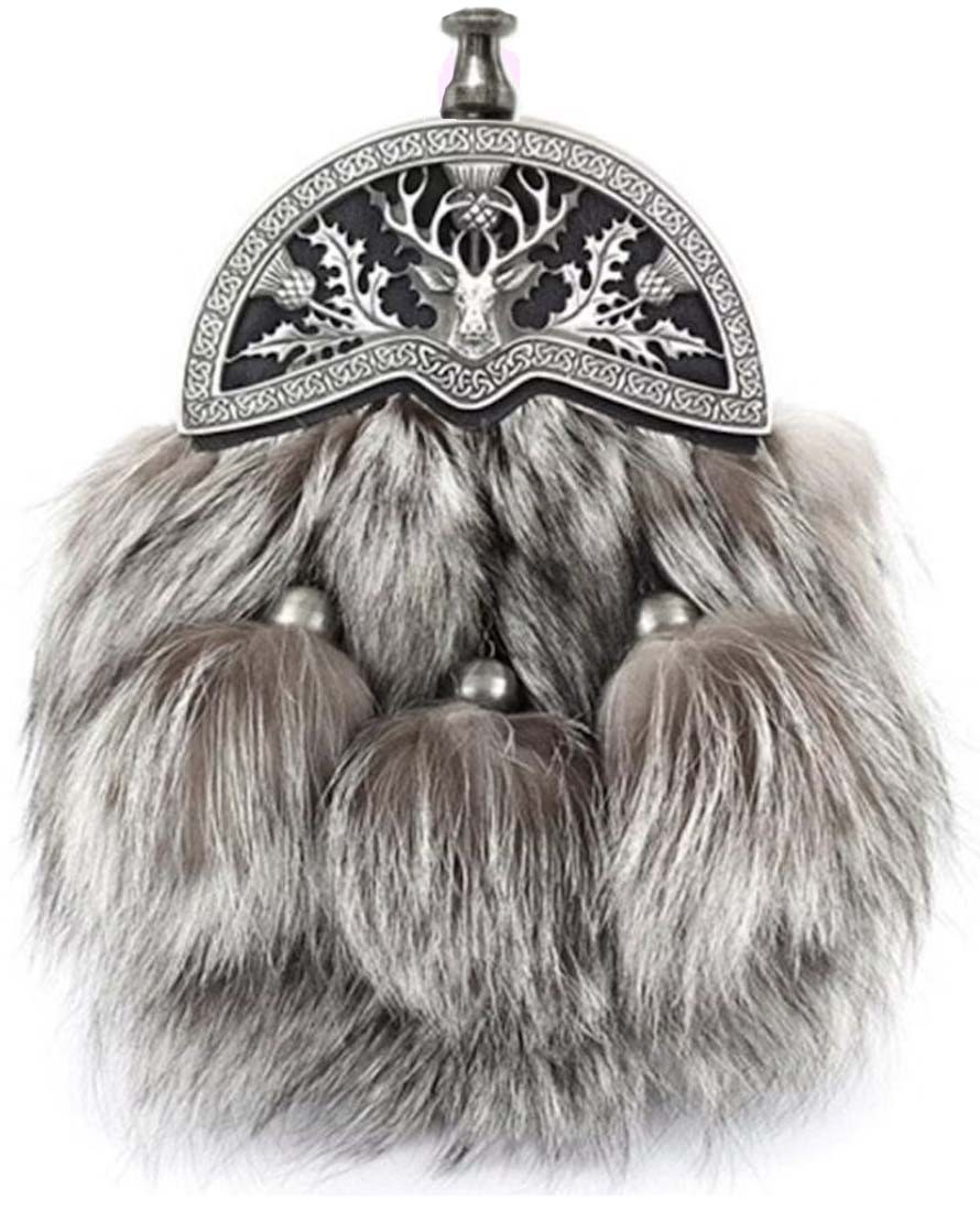 Blue Frost Fox Sporran Antique Silver Stag Cantle Grey Fur Real Leather Back