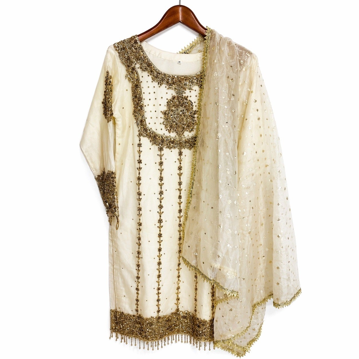 Cream Gold Embroidered Salwar Kameez Tunic Dupatta Set Wedding Formal Medium