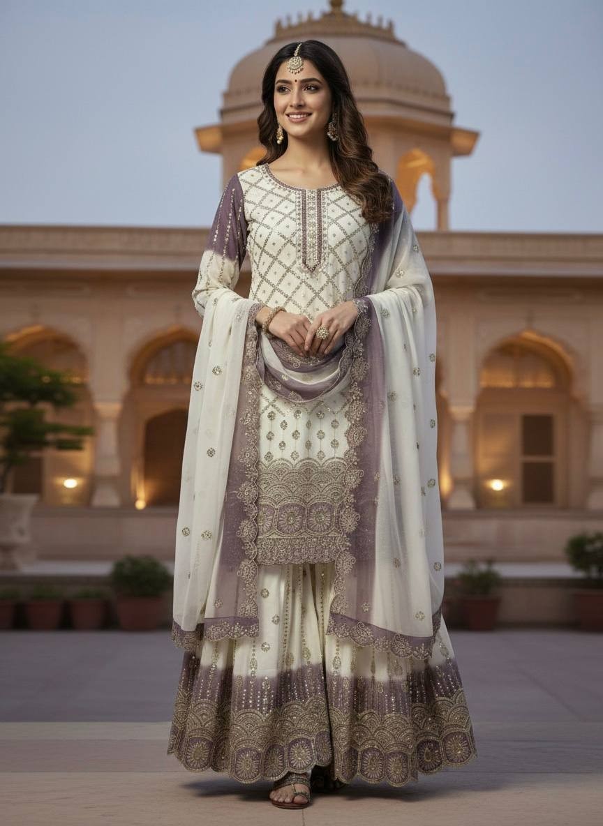 New Latest White Star Georgette Top Palazzo With Dupatta For Wedding Wear