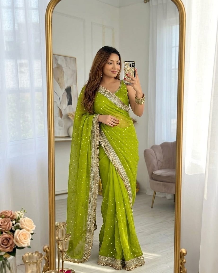 Women Shimmer Organza Silk Saree Heavy Lace Border Party Wear Designer Piece