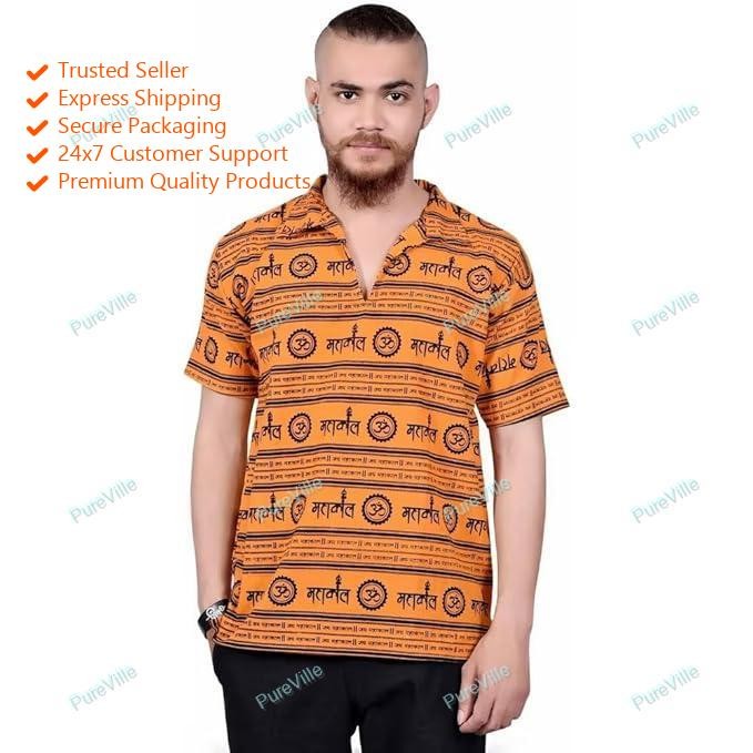 Indian Cotton Chinese Collar OM MahaKaal Desiner Half Sleeve Orange Mens Kurta