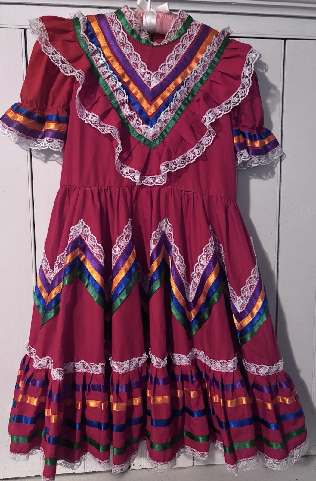 Vintage Handmade Mexican Jalisco Traditional Girls Red Ribbon Dress