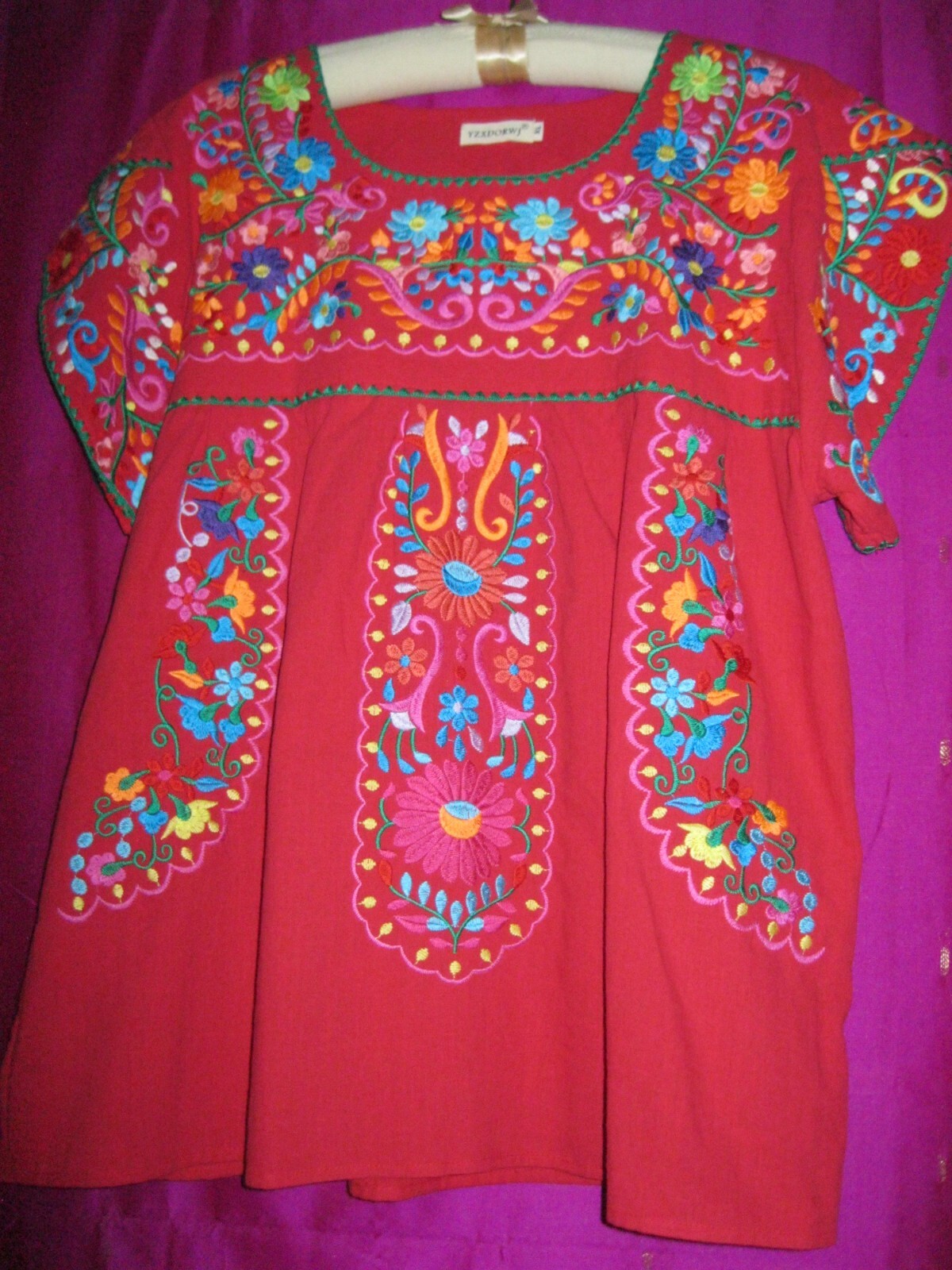MEXICAN, RED EMBROIDERED S/S TOP W/ MULTI-COLOR FLOWERS, NEW, SZ. M/L