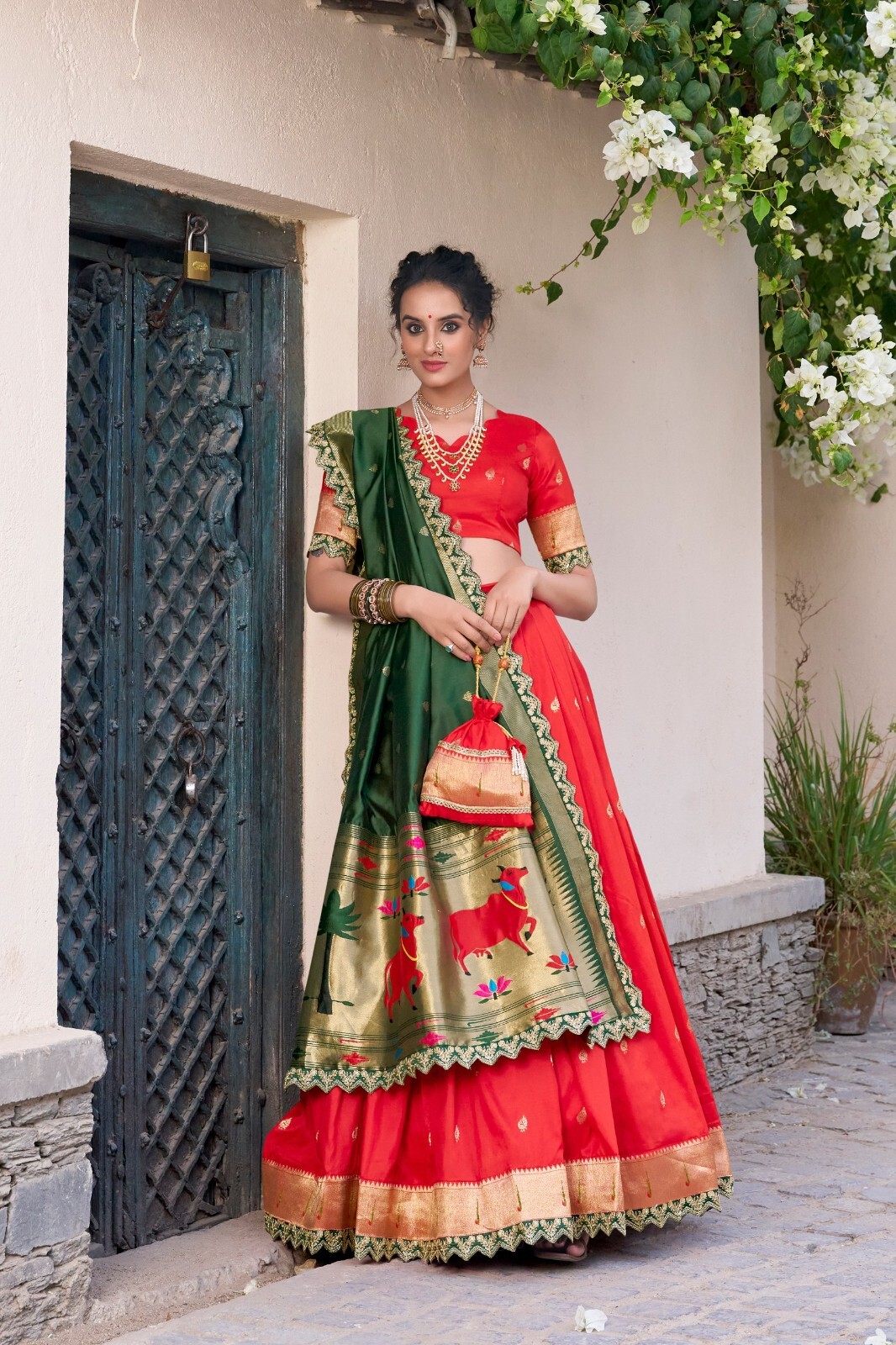 Latest New Red Jacquard Silk Lehenga Choli With Dupatta For Women Function
