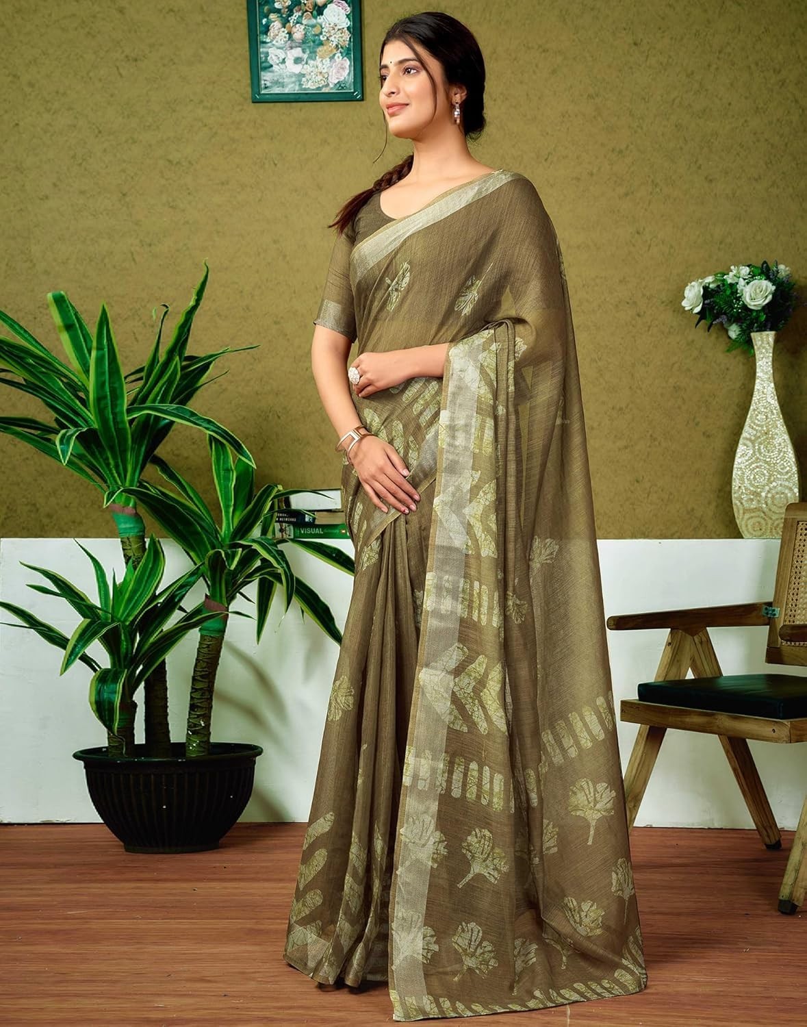 Women’s Cotton Linen Printed 1 Minute Ready to Wear Saree With Unstitched Blouse