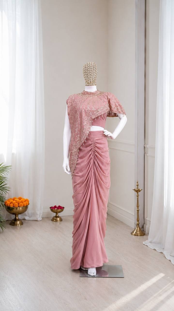 Peach Pre drapped Saree Indo-Western Silk Dhoti Set with Sequined Shrug