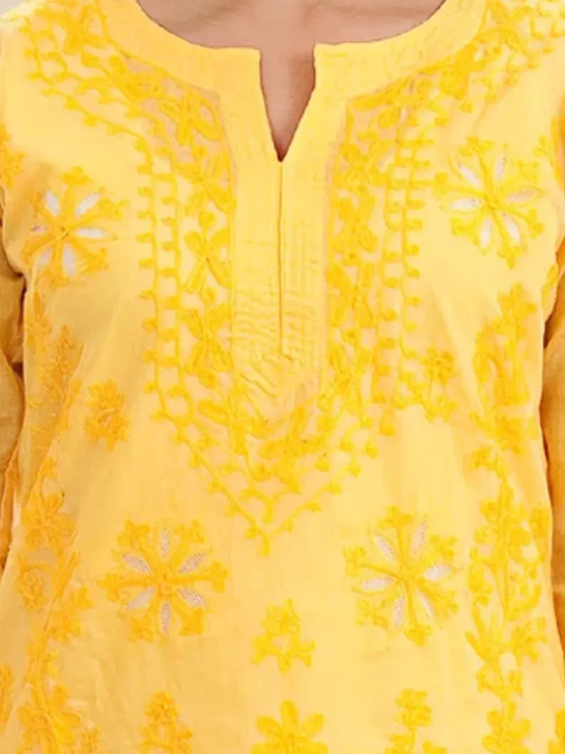 Yellow Cotton Chikankari Kurti | Wool Thread Handmade Kurti For Women