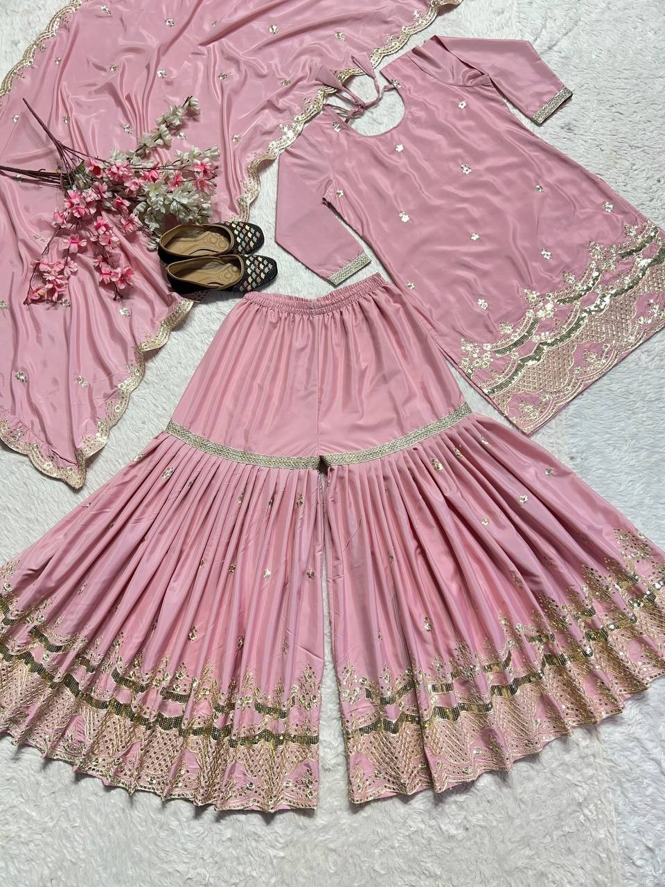 Beautiful Look Neutral Silk Light Pink Top Palazzo And Dupatta For Festival Wear