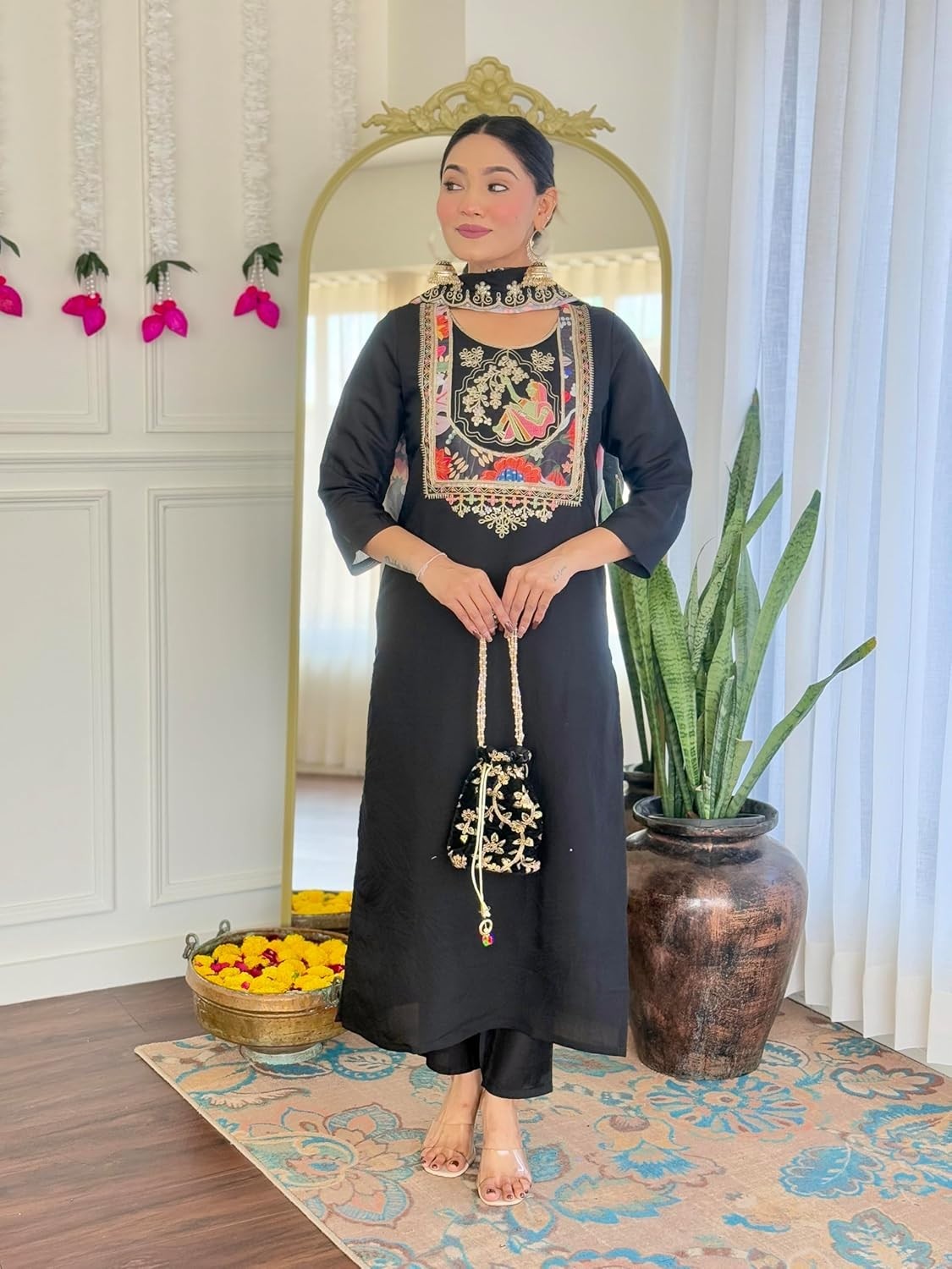 Women’s Viscose Chanderi Embroidery Work Straight Kurta, Pant and Dupatta Set