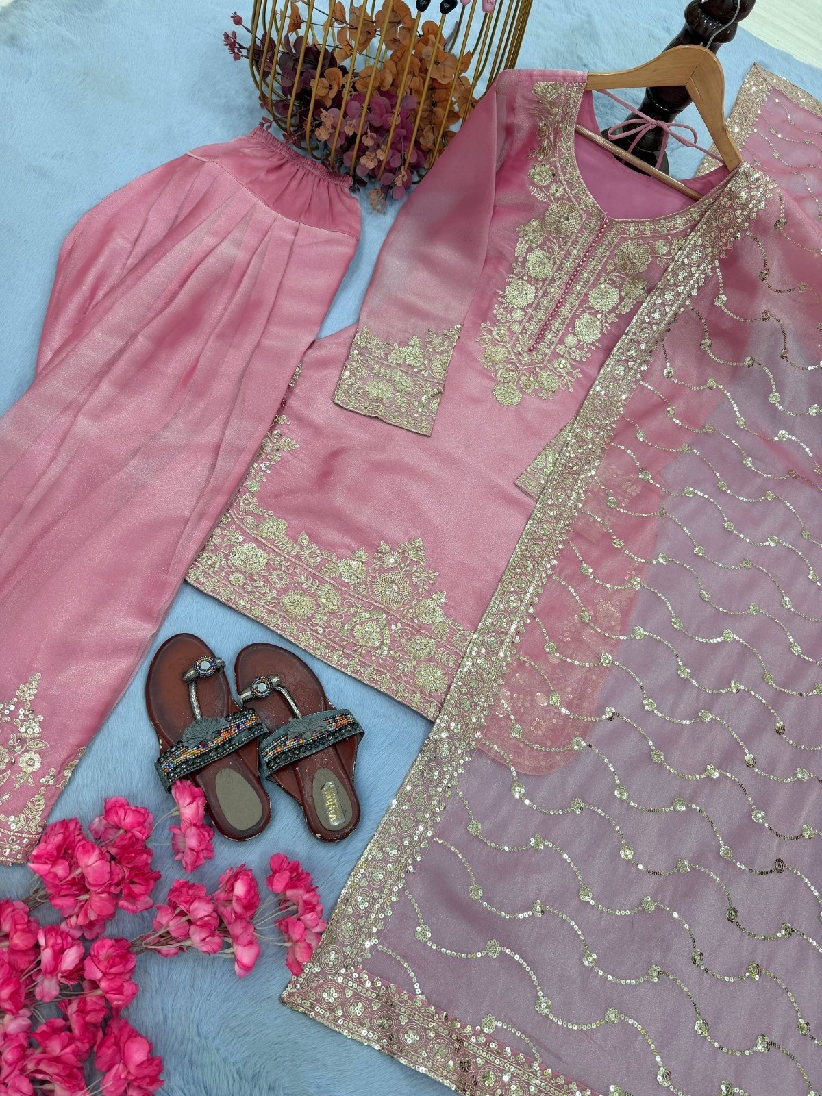Latest Pure Nc Moss Silk Pink Top Palazzo With Dupatta For Indian Party Wear