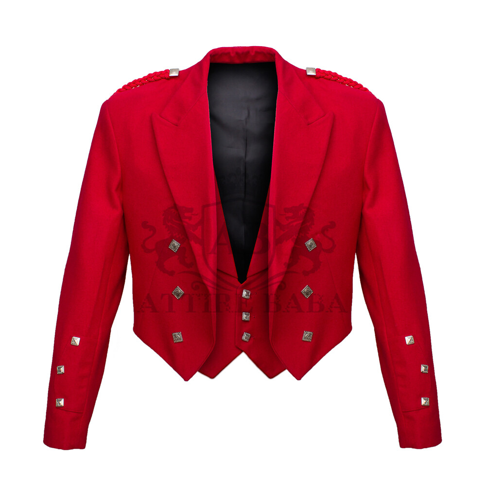 100% Blazer Wool Red Prince Charlie Jacket With Vest Scottish Weding Kilt Jacket