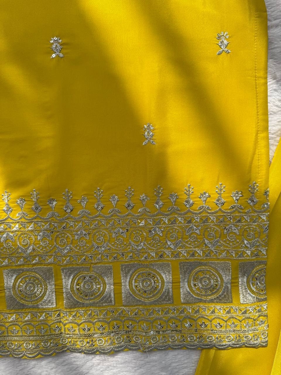 Party Wear Natural Crep Silk Yellow Top Palazzo With Dupatta For Women & Girls