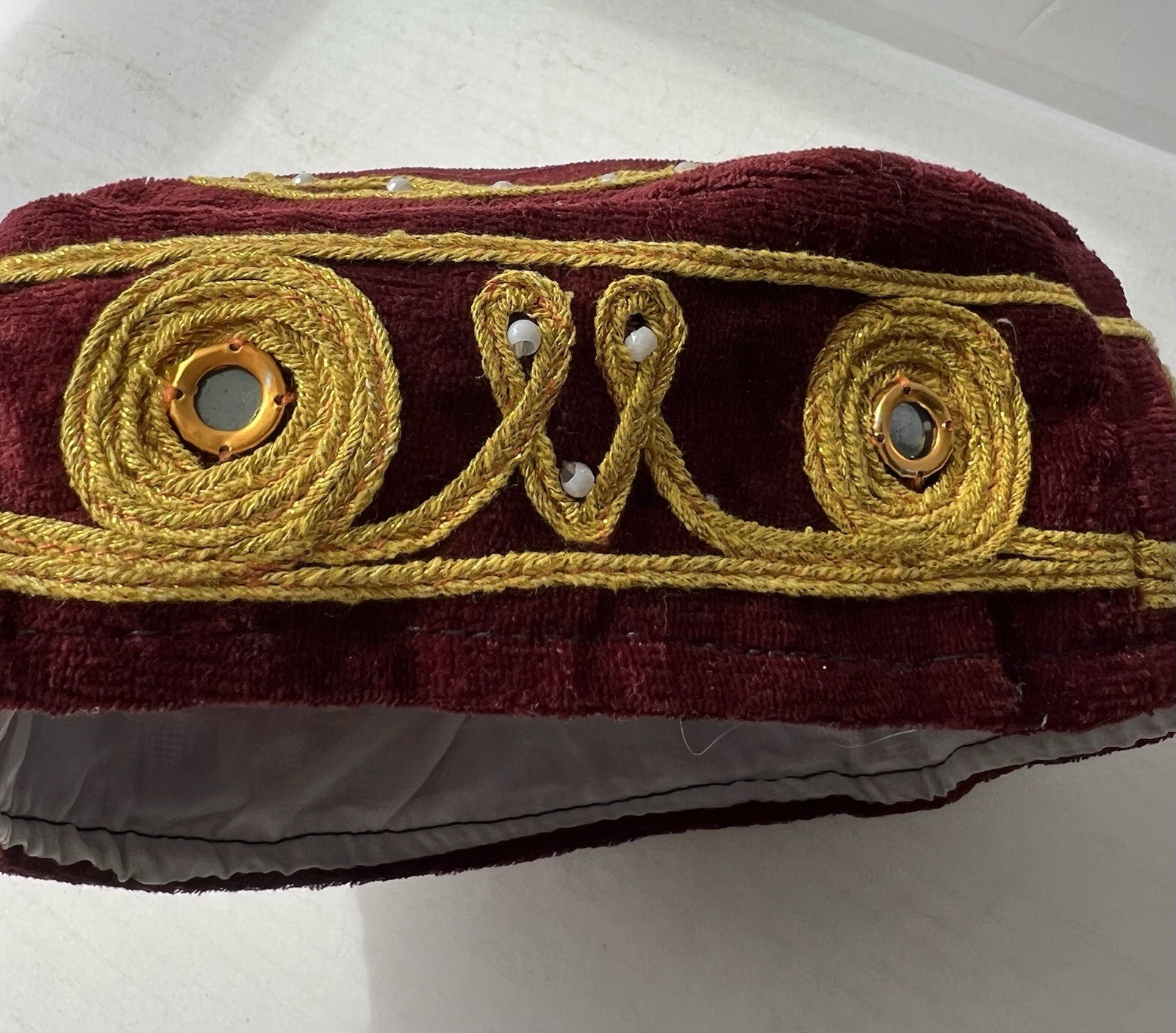 Vintage Velvet Embroidered Turkish Islamic Hat Kufi Gold Thread Mirror Bead