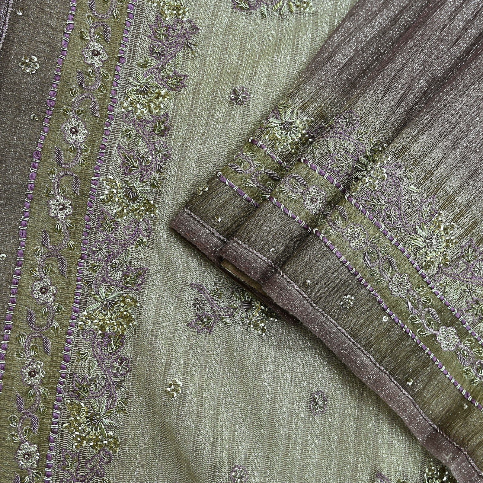 Vintage Silver & Purple Saree Net/Mesh Hand Embroidered Sari Zardozi Fabric 5Yd