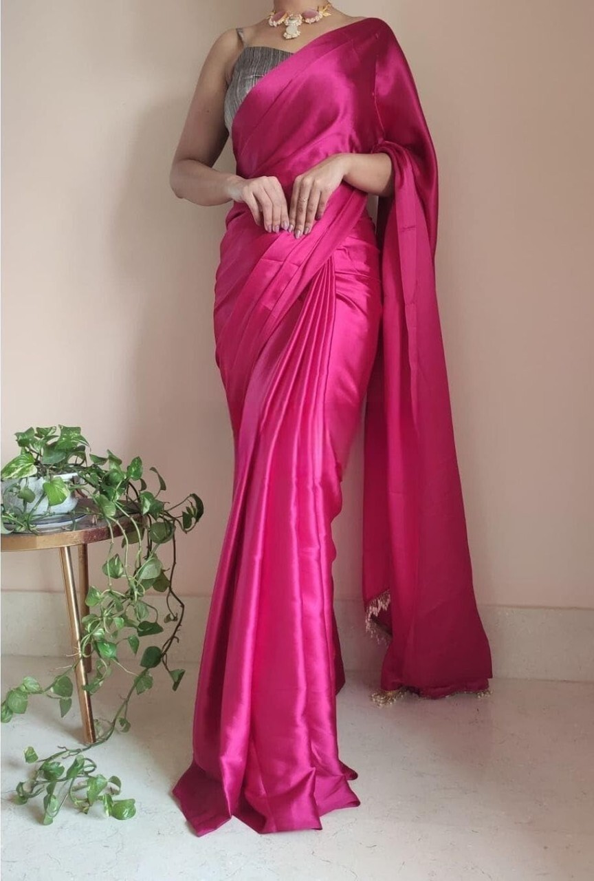 Solid/Plain Bollywood Satin, Silk Blend Saree (Pink)