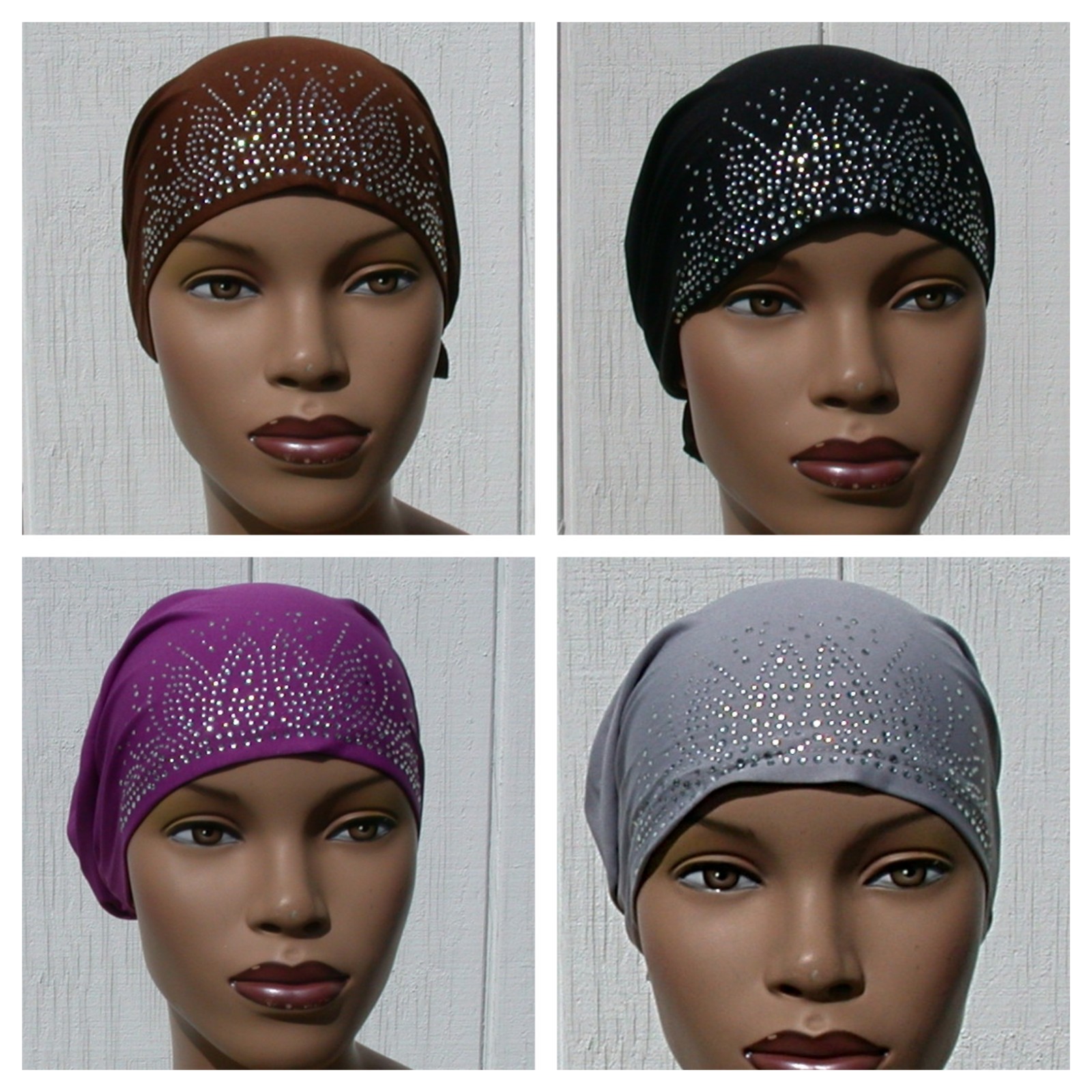 Set of 4 Rhinestone Caps fun & Flirty Chemo Tie Back Cap Black Grey Brown Violet
